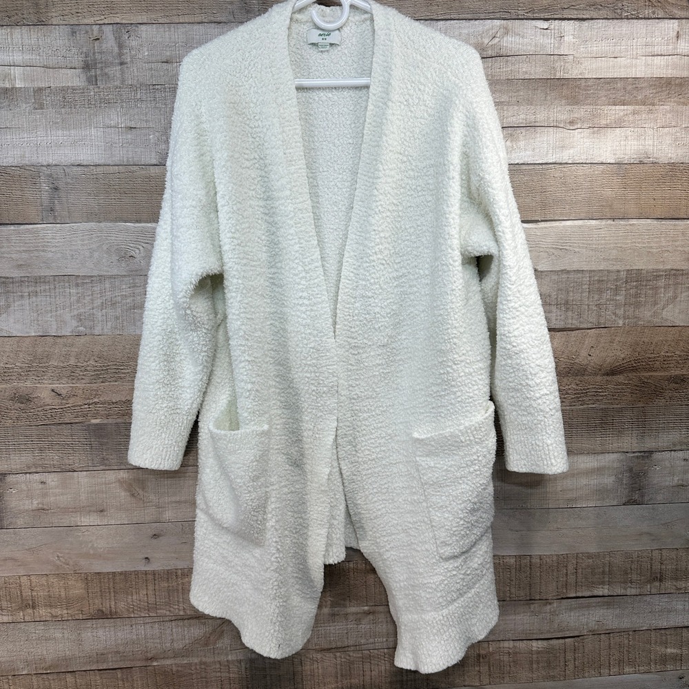 Aerie Womens Marshmallow Open Front Cardigan White‎ Fuzzy Boucle Oversized M